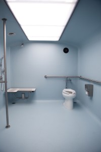 The interior of one of LavaMae’s mobile shower buses is accessible for persons with disability
